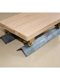 Wooden platform on Four Pack Color Zinc Plated V Groove Track Wheel Set showing installation on metal rail