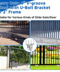 4" V-Groove slide gate wheel with U-bolt bracket for 2" frame, installed on various gate types, showcasing stability and smooth motion.