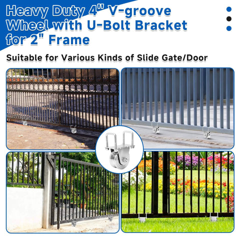 4" V-Groove slide gate wheel with U-bolt bracket for 2" frame, installed on various gate types, showcasing stability and smooth motion.
