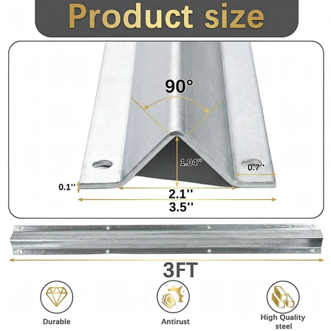 Heavy Duty Extra Wide 3.5 Inch V Track For Sliding Gates With Universal Fit For 4 Inch And 6 Inch V Groove Wheels Galvanized Steel Ground Track Kit Modular Design For Driveway Warehouse And Industrial Gates, front and side views showing measurements and features.