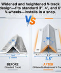 Diagram of Heavy Duty Extra Wide 3.5 Inch V Track For Sliding Gates With Universal Fit For 4 Inch And 6 Inch V Groove Wheels Galvanized Steel Ground Track Kit showing before and after comparison of V-track design dimensions.