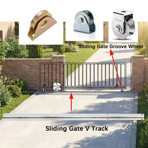 Heavy Duty Extra Wide 3.5 Inch V Track For Sliding Gates With Universal Fit For 4 Inch And 6 Inch V Groove Wheels Galvanized Steel Ground Track Kit Modular Design For Driveway Warehouse And Industrial Gates installed in driveway with sliding gate and groove wheels
