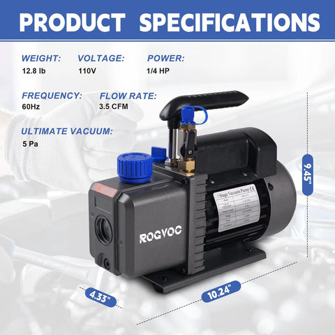 Heavy duty vacuum pump for HVAC, 3.5 CFM, 110V, 1/4 HP single stage rotary vane design, Rogvoc brand.