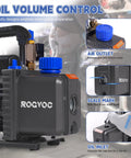 Heavy duty vacuum pump for HVAC with oil volume control and rotary vane design for efficient refrigerant recharging and moisture removal.