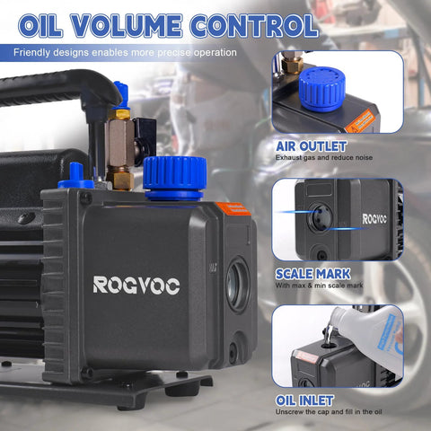 Heavy duty vacuum pump for HVAC with oil volume control and rotary vane design for efficient refrigerant recharging and moisture removal.