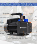 Heavy duty vacuum pump for HVAC with 3.5 CFM and 1/4 HP power, featuring non-slip handle, backflow prevention, and robust aluminum housing.