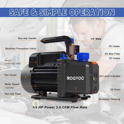 Heavy duty vacuum pump for HVAC with 3.5 CFM and 1/4 HP power, featuring non-slip handle, backflow prevention, and robust aluminum housing.