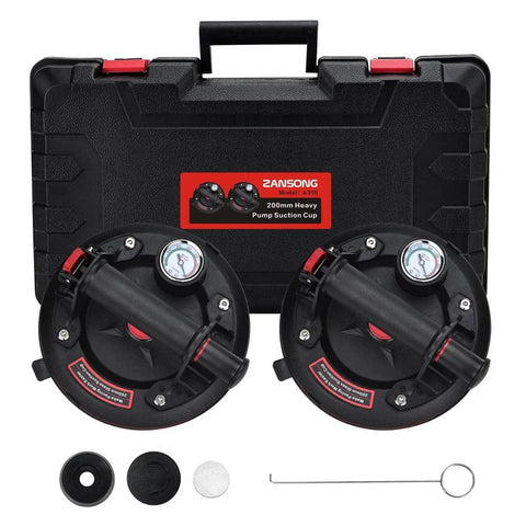 Heavy Duty Vacuum Suction Cup Lifter For Glass And Large Appliances With Pressure Gauge, in black carrying case, accessories shown