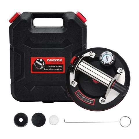 Beefed Up Heavy Duty Vacuum Suction Cup Lifter with case and accessories, built-in pressure gauge for glass and appliances.
