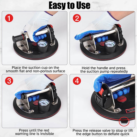 Beefed Up Heavy Duty Vacuum Suction Cup Lifter For Glass And Large Appliances with Built In Pressure Gauge in use instructions.
