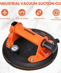 Heavy Duty Vacuum Suction Cup Lifter for glass and large appliances, orange anti-slip handle with pressure gauge, top view