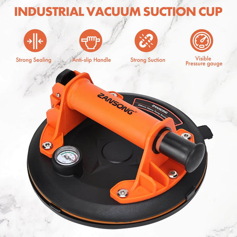 Heavy Duty Vacuum Suction Cup Lifter for glass and large appliances, orange anti-slip handle with pressure gauge, top view