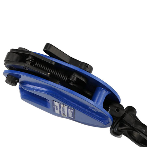 Heavy Duty Vertical Plate Clamp for Lifting and Transporting Up to 2200Lbs with 0.8 Inch Jaw Opening, rugged steel build, blue coating close-up shot