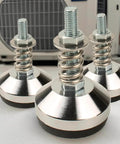 Heavy duty vibration isolator mounts with adjustable M8 leveling feet provide stable, noise reducing support for air conditioners and workbenches.