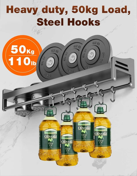 Heavy duty wall mounted kitchen rail with steel hooks, supporting 50kg load, illustrated with weights and oil bottles hanging.