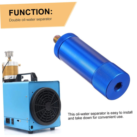 Heavy Duty Water Oil Separator For High Pump Systems With Alloy Aluminum Design; blue separator shown with compressor