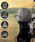 Heavy Duty Waterproof Outboard Motor Cover Fits 115 To 225 HP Engines 600D Oxford Cloth With PU Coating on boat at sunset