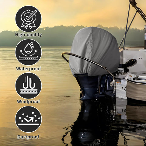 Heavy Duty Waterproof Outboard Motor Cover Fits 115 To 225 HP Engines 600D Oxford Cloth With PU Coating on boat at sunset