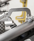 Heavy Duty Five Eighths Inch Insert Table Mounted Clamp With Rear Crank Handle For BuildPro Welding Tables in use