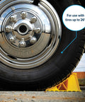 Keep Your Travel Trailer Steady With This Heavy Duty Wheel Chock For Trailers And RVs UV Protected Plastic Fits Tires Up To 26 Inches Rehitch With Confidence And Peace Of Mind Durable And Easy To Use.