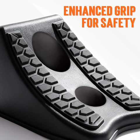 Close-up of Heavy Duty Wheel Chocks For Cars And Travel Trailers, Stackable Space Saving Anti Slip Wedges With Rock Solid Grip by TONDA