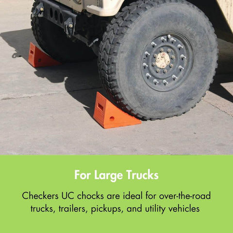 Heavy Duty Wheel Chock For 27-35 Inch Tires With 30,000 Lb Load Capacity, Polyurethane Build, Made In The USA, Durable Trailer Wheel Chock UC1700 securing large truck tire