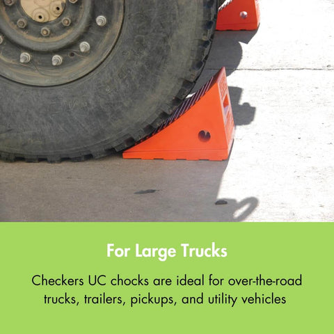 Heavy Duty Wheel Chock For 32 To 46 Inch Tires, 50k Lb Load Capacity, Made In USA Polyurethane Construction securing truck tire