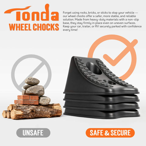Heavy Duty Wheel Chocks For Cars And Travel Trailers, Stackable Space Saving Anti Slip Wedges With Rock Solid Grip, 4 Pack, Black By TONDA