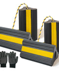 Wheel Chocks With Gloves, Heavy Duty Rubber, 8mm Teeth, Non Slip Base visible, 4 chocks with gloves displayed