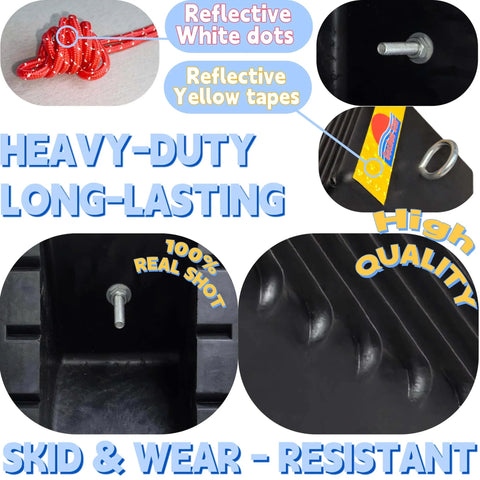 Heavy Duty Rubber Wheel Chocks With Reflective Strips Set Of 4 for SUV, showcasing reflective elements and heavy-duty build.