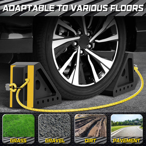 Heavy Duty Wheel Chocks With 39 Inch Rope For Trailers RVs Cars Trucks And ATVs Non Slip Grip On Grass Concrete Slopes