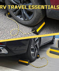 Heavy Duty Wheel Chocks With Gloves And Storage Bag For RVs Trailers Trucks Cars Campers And Aircraft, shown under tires.