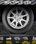 Heavy Duty Wheel Chocks With 39 Inch Rope For Trailers RVs Cars Trucks And ATVs Non Slip Grip On Grass Concrete Slopes And Uneven Ground Easy To Store With Handles shown with tire