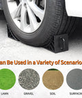 Image of Heavy Duty Wheel Chocks for RVs and Campers Non Slip Tire Chocks for Travel Trailers and Boat Trailers with Handles Durable UV Resistant High Density Plastic Lightweight 4 Pack under a parked vehicle tire with multiple surface scenario icons below.