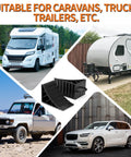 Heavy Duty Wheel Chocks for RVs and Campers Non Slip Tire Chocks for Travel Trailers and Boat Trailers with Handles Durable UV Resistant High Density Plastic Lightweight 4 Pack shown with various vehicles.