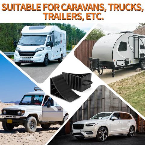 Heavy Duty Wheel Chocks for RVs and Campers Non Slip Tire Chocks for Travel Trailers and Boat Trailers with Handles Durable UV Resistant High Density Plastic Lightweight 4 Pack shown with various vehicles.