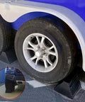 Heavy Duty Wheel Chocks 2 Pack For Travel Trailers With Eyebolt, Universal Size 9.06 x 7.87 x 5.51 Inches in use with tires