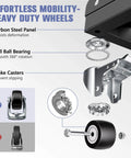 Close-up of 2000LBS Heavy Duty Moving Dolly with 6 swivel wheels featuring carbon steel panel, ball bearings, brake casters for stability.