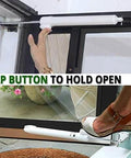 Heavy Duty Door Closer System (White) installed on door frame, showing hands-free hold open feature with touch button and foot pedal.