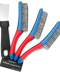 4-Pack Heavy Duty Wire Brush and Scraper Set, 3 stainless steel scratch brushes with red and blue handles, 1 metal scraper for cleaning