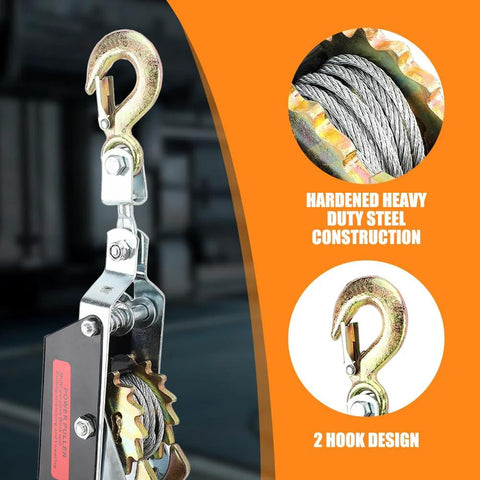 Heavy Duty Wire Rope Puller With Double Hook Lifting Tool, mini tightener 4T, showcasing hooks and hardened steel structure