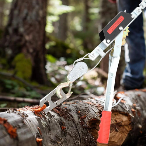 Heavy Duty Wire Rope Puller With Double Hook Lifting Tool Mini Tightener 4T used on a log in a forest setting