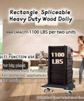 Woman using heavy duty spliceable wood furniture dolly set of 2 with 4 wheels, expandable interlocking platform, silent casters, 1100 lb capacity