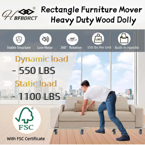 Man using heavy duty real wood furniture dolly set of 2 with 4 wheels, 2200 lb static load capacity per pair, in living room