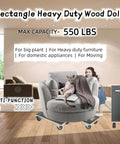 Rectangle heavy duty wood dolly with soft rubber wheels, max 550 lbs capacity, ideal for plants, furniture, and appliances