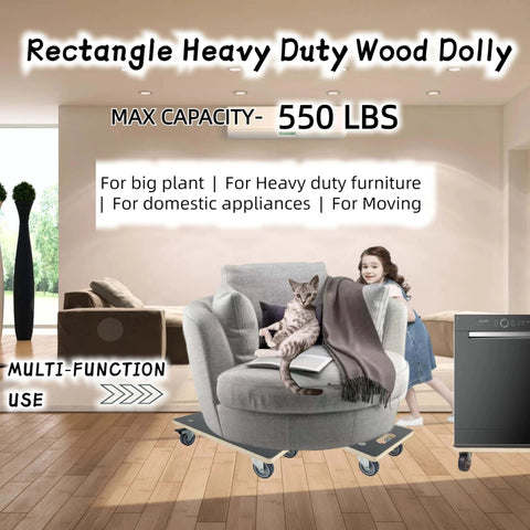 Rectangle heavy duty wood dolly with soft rubber wheels, max 550 lbs capacity, ideal for plants, furniture, and appliances