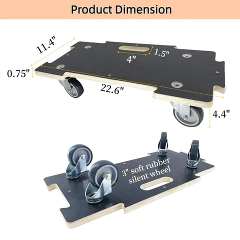 Heavy duty spliceable wood furniture dolly set of 2 with 4 wheels, showing dimensions and soft rubber silent casters with brakes.