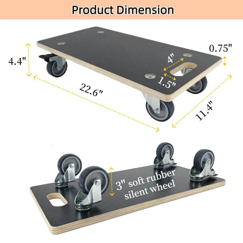 Heavy duty wood furniture dolly set of 2 with 4 wheels, 2200 lb static load capacity, 11 layer plywood, soft rubber wheels diagram