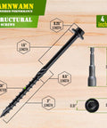 Illustration of 50pcs #14 x 4 Inch Heavy Duty Wood Structural Screws, Black Hex Head Timber Screws with dimensions and hex socket view.