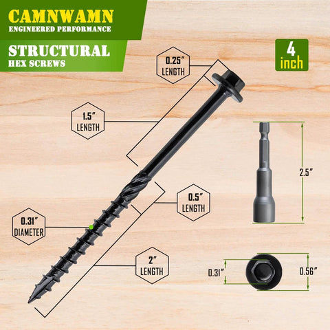 Illustration of 50pcs #14 x 4 Inch Heavy Duty Wood Structural Screws, Black Hex Head Timber Screws with dimensions and hex socket view.
